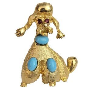PELL Gold Tone Blue Oval Cabochon Poodle Dog Brooch Pin, Signed M419
